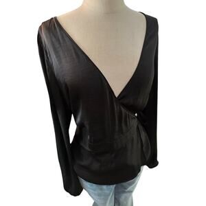 Naked Zebra Women's Black Long Sleeves V-Neckline Wrap Blouse Top Size Large